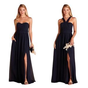 NEW Birdy Grey Grace Convertible Chiffon Maxi Dress w/slit Navy Blue Size Large